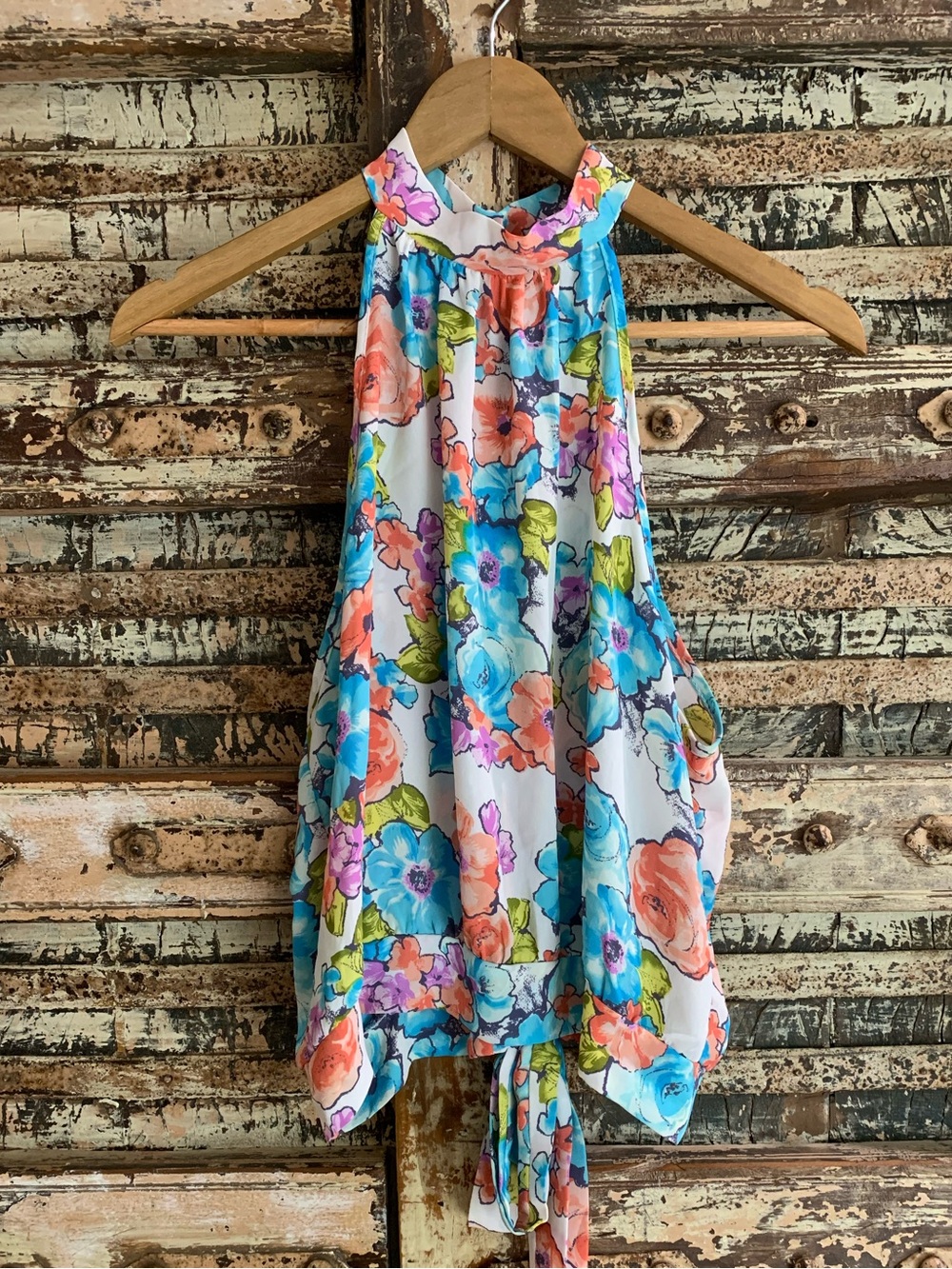 Poetry Anthropologie Multicolor Floral Halter Pleated Tank Top, Vibrant, Boho, M